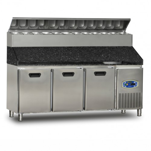 Table de préparation/ 3 Portes - saladette 12 x GN1/4 intégré  avec plan de travail en granit - DAMPAK - 22TBF3S-PY70-GR