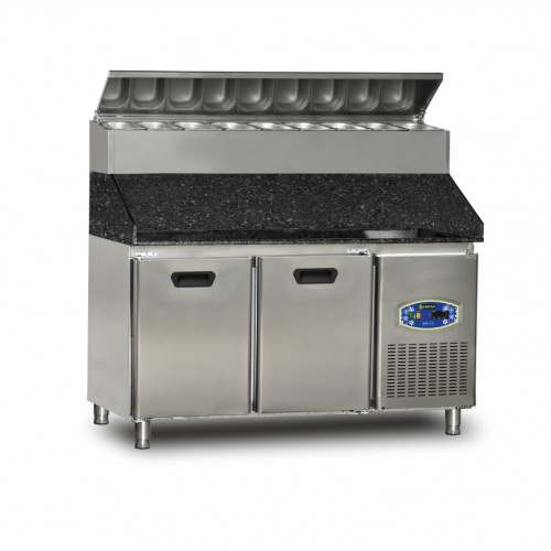 Table de préparation/ 2 Portes - saladette 9 x GN1/4 intégré  avec plan de travail en granit - DAMPAK - 22TBF2S-PY70-GR
